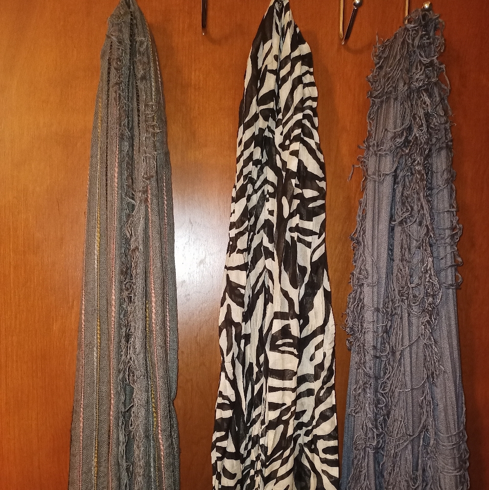 Set of NINE LADIES FASHION SCARVES,  zebra, shredded, camo distressed, shredded